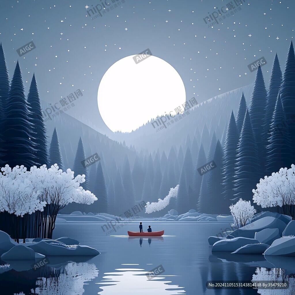 插画夜景湖泊