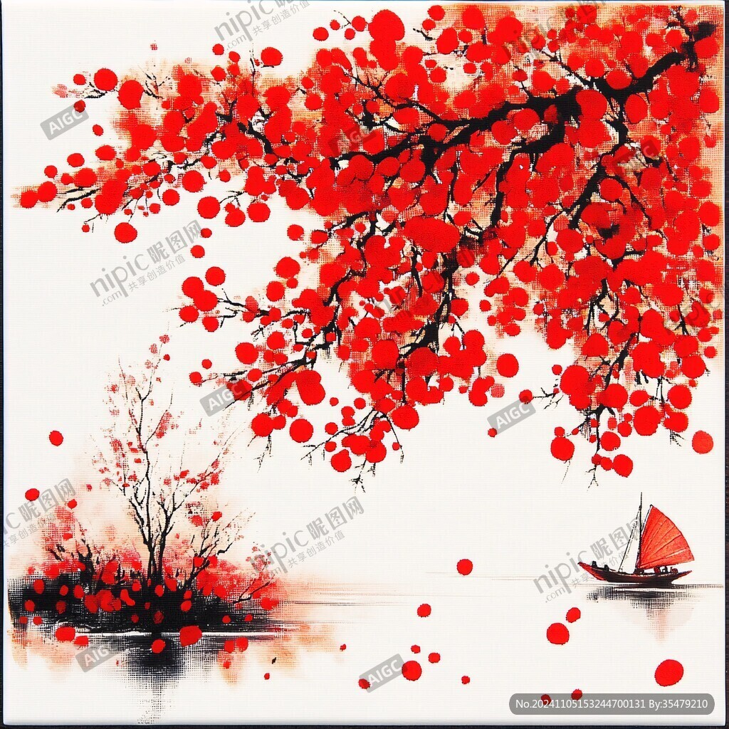 新中式泼墨红叶山水画