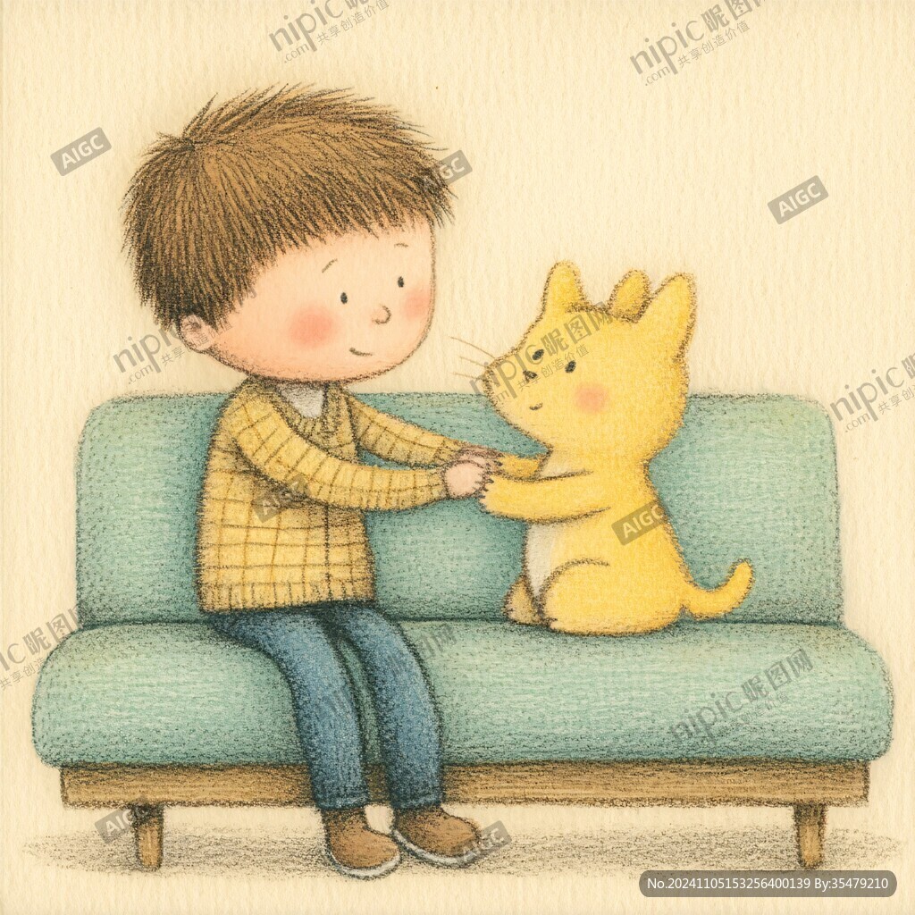 孩子和猫咪插画