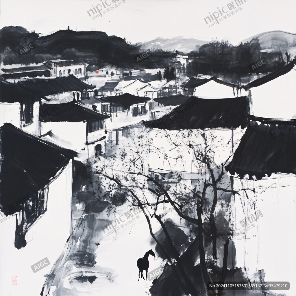 宏村彩绘山水水墨画