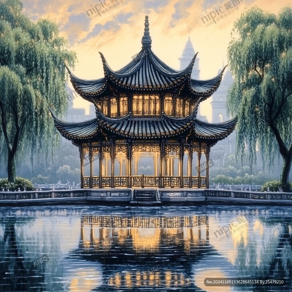 古风亭台楼阁油画