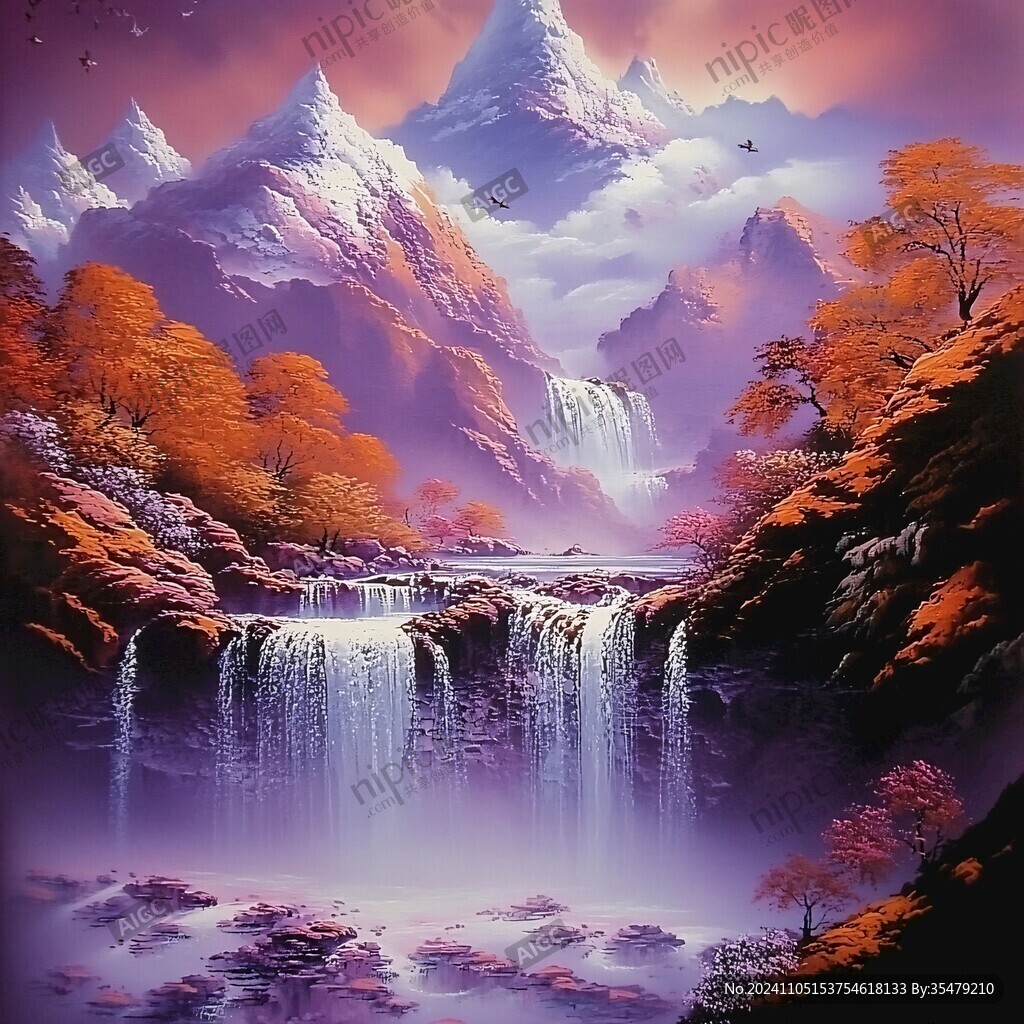 山水风景油画瀑布