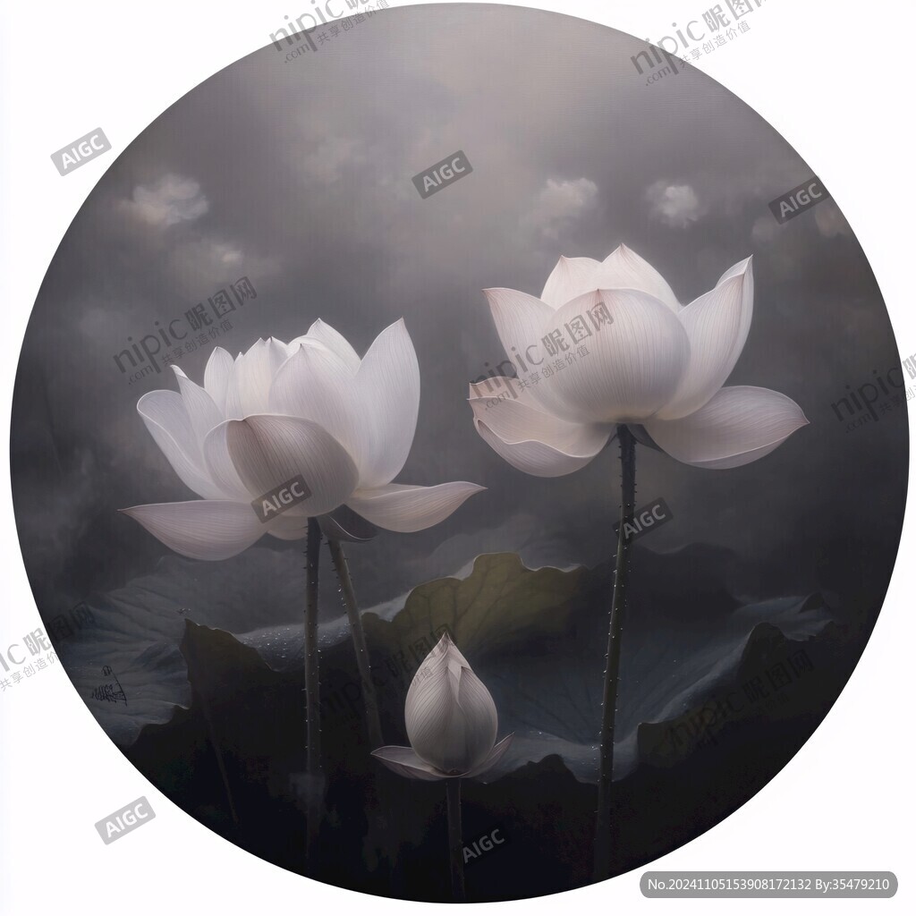 荷花圆面画