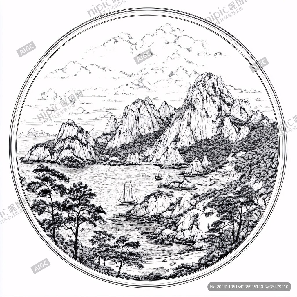 圆形手绘山水