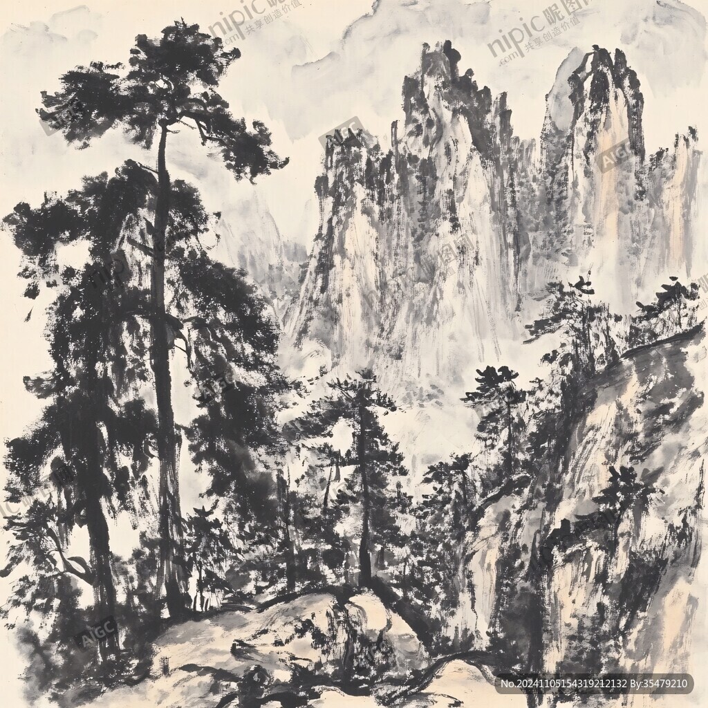 松树山峰画