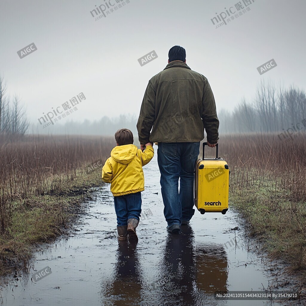 雨中行走的父子