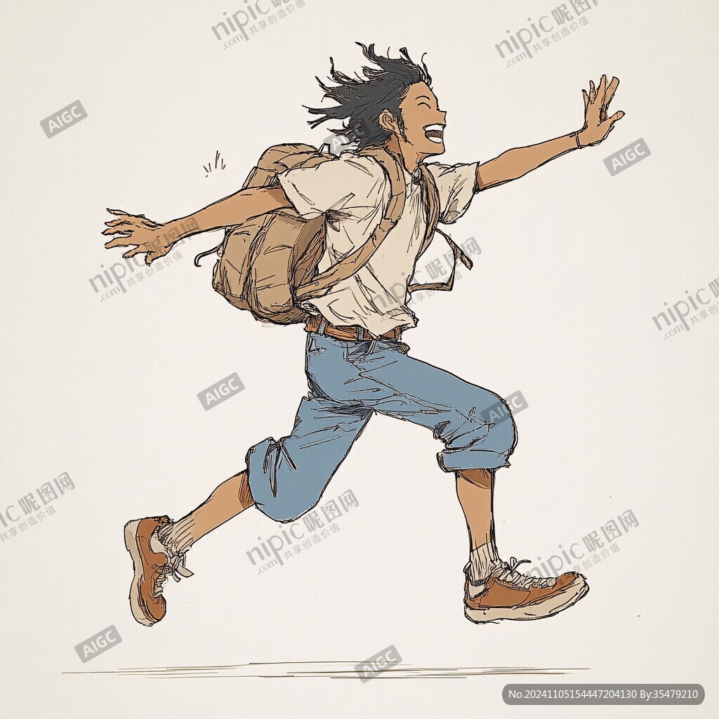 手绘奔跑上学的少年
