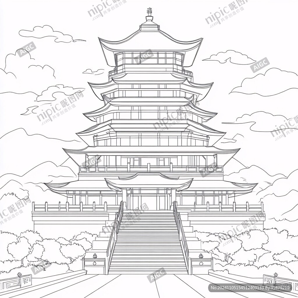 线描江南名楼
