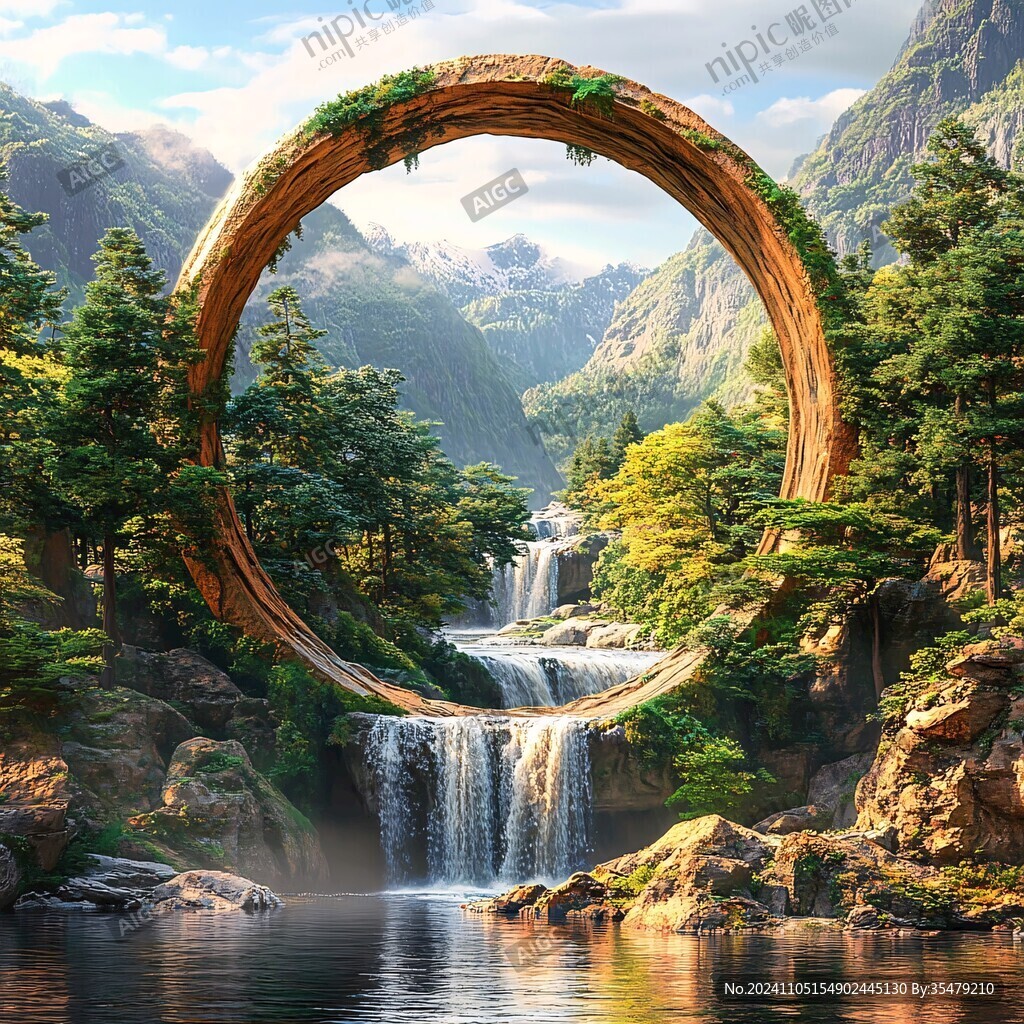 风景小桥瀑布绿树远山