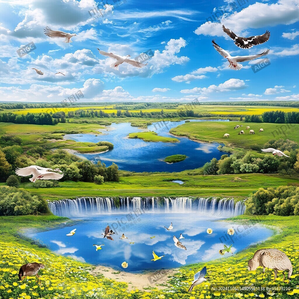 蓝天白云草地湖泊