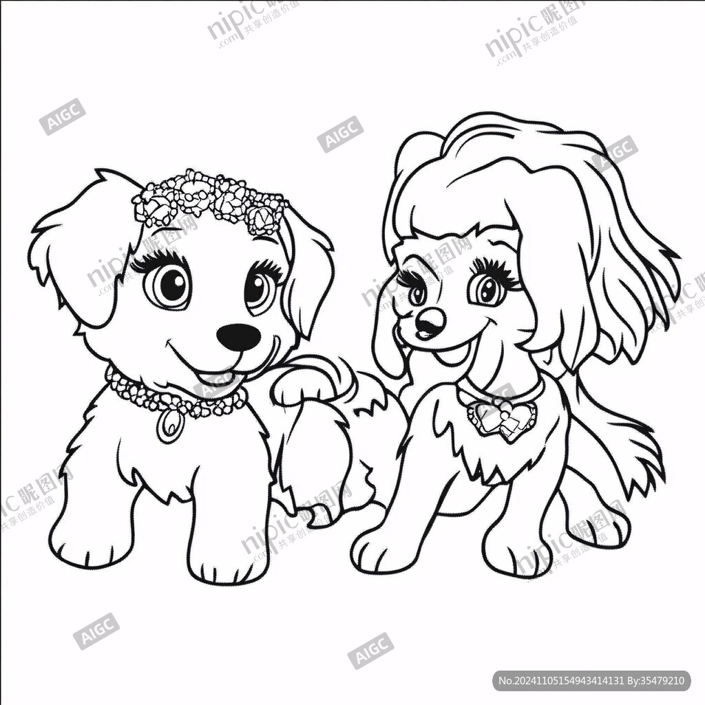 小狗白描线稿