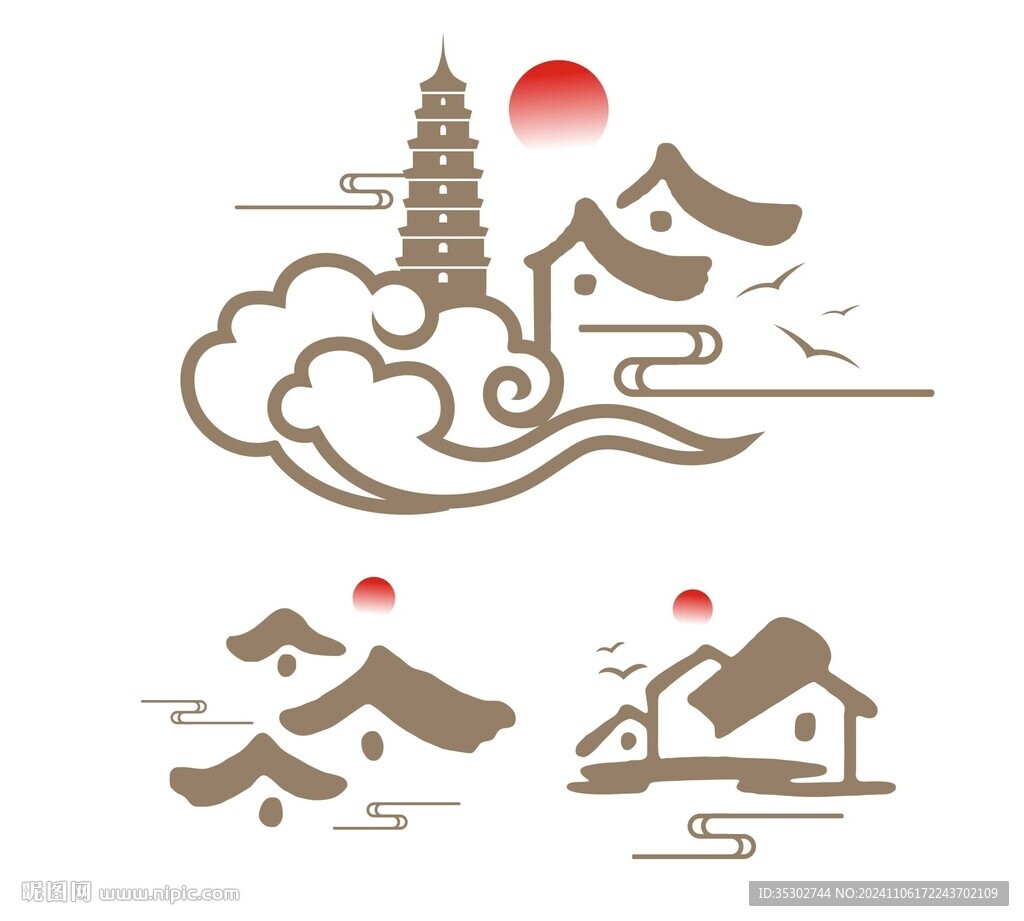矢量中国风古塔房屋云纹乡村
