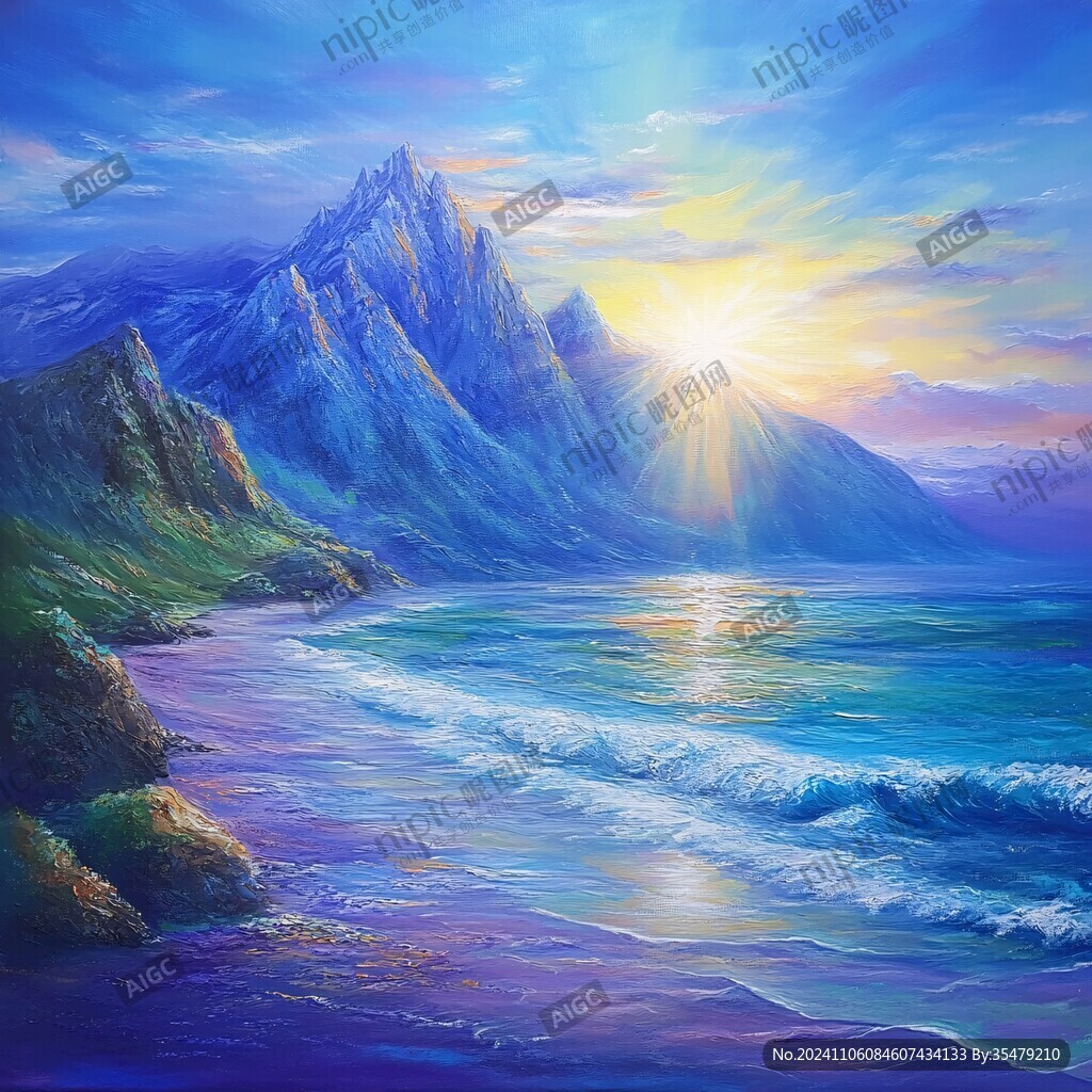 海上日出油画