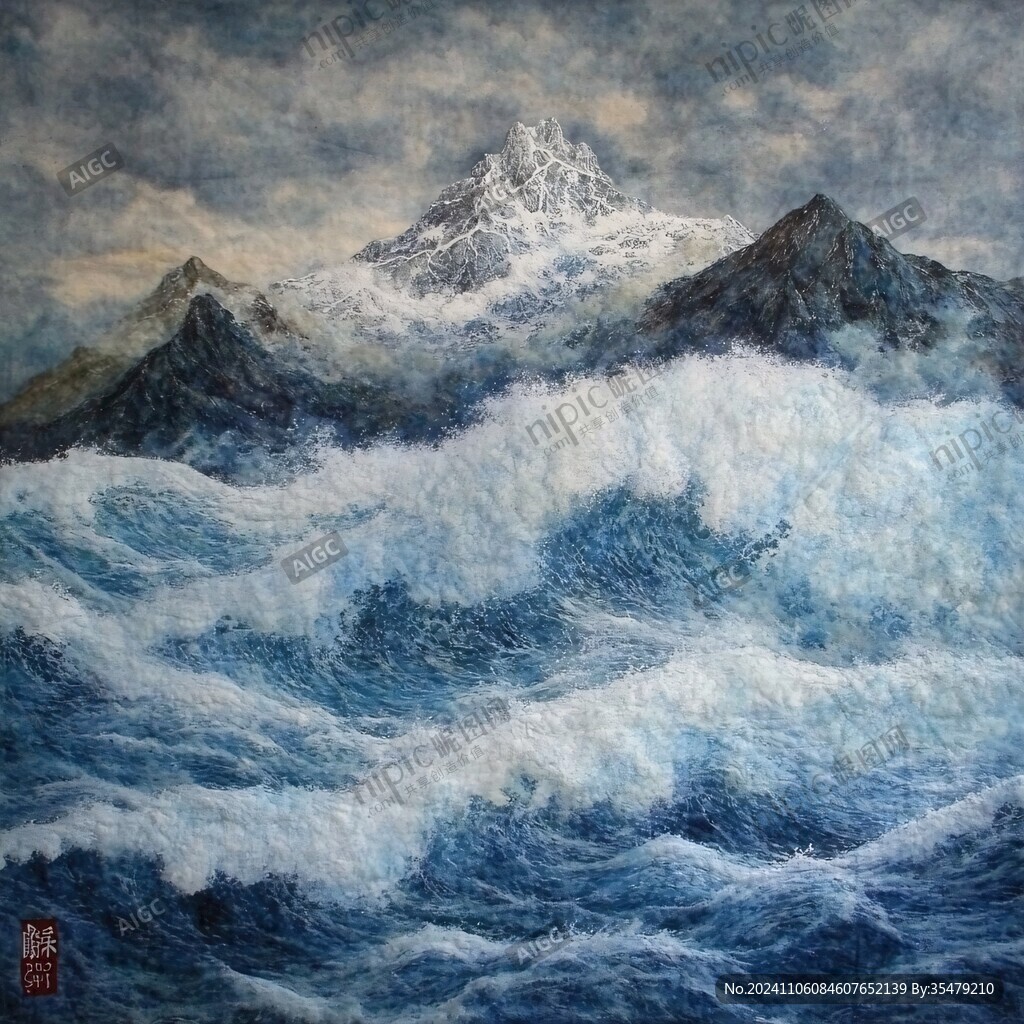 海浪水粉画