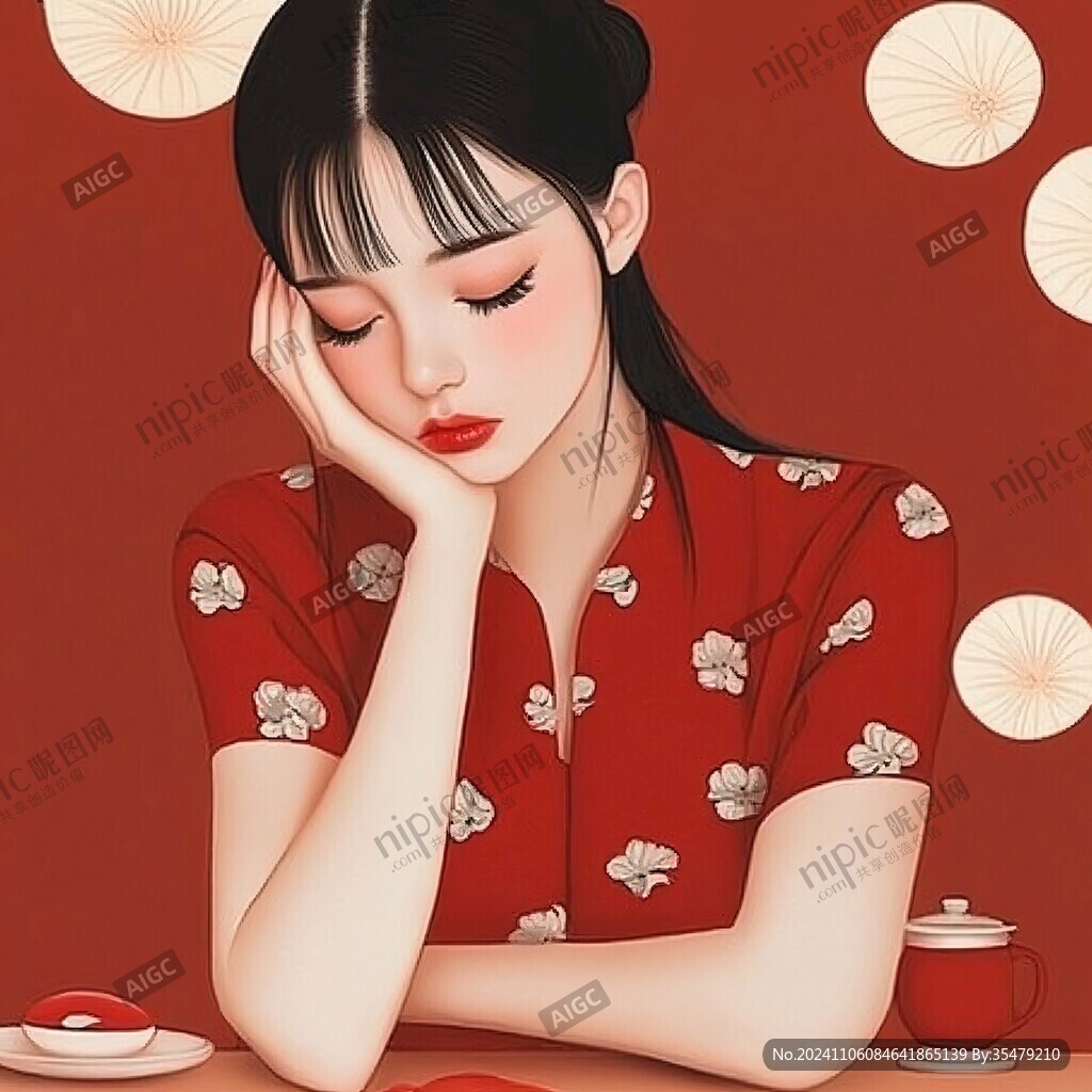 旗袍美人喝茶插画