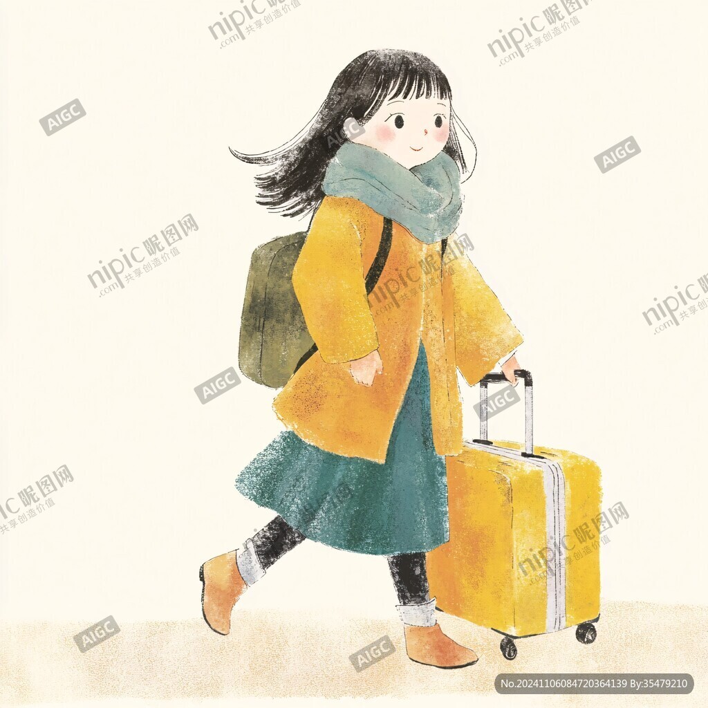 车站等车的女孩插画