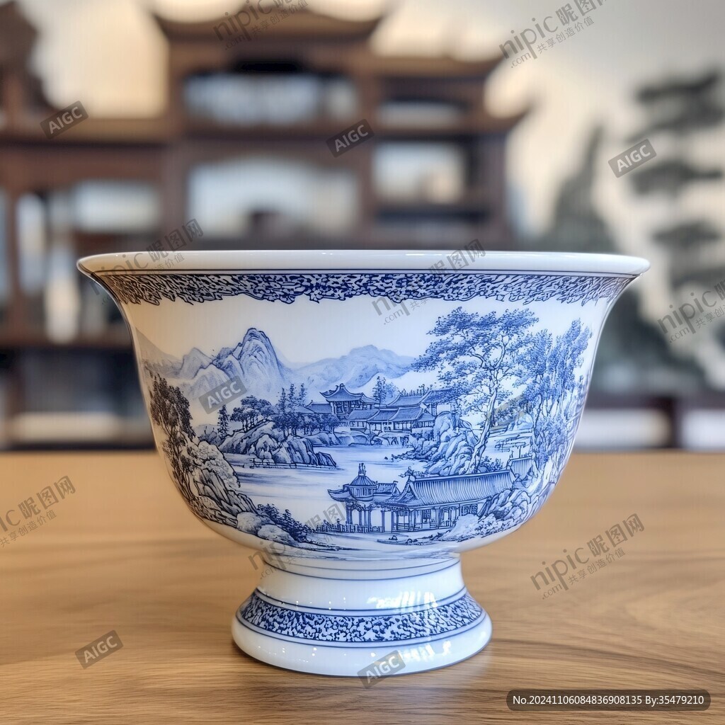 山水人物纹净水碗