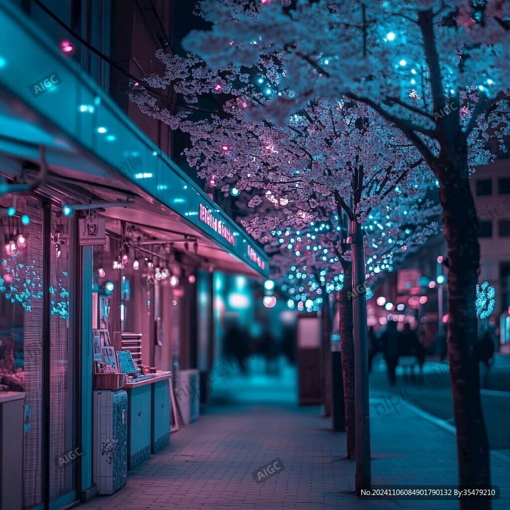 街道夜晚树木装饰灯