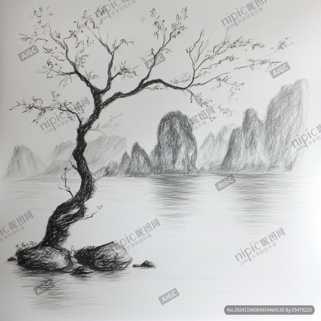 彩铅梅花国画山水