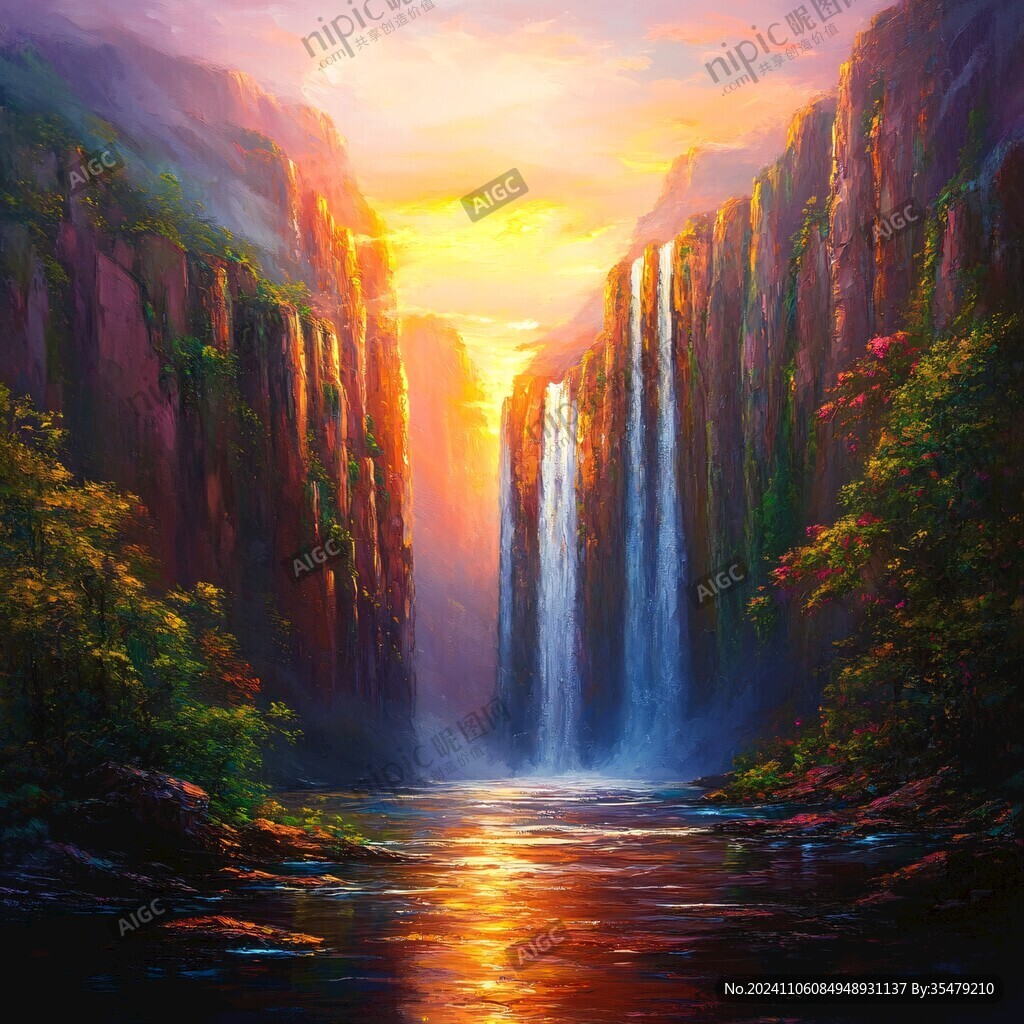 山水风景油画瀑布