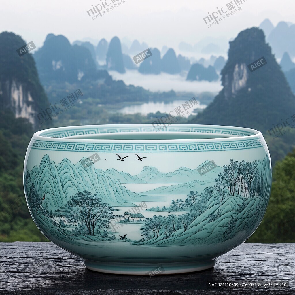 山水风景图瓷缸