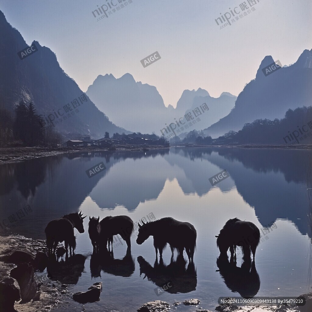 清晨河水一头牛
