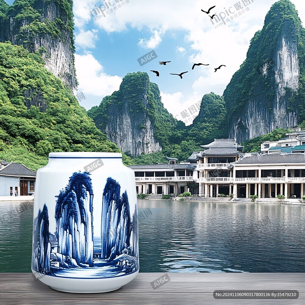 山水风景图瓷缸