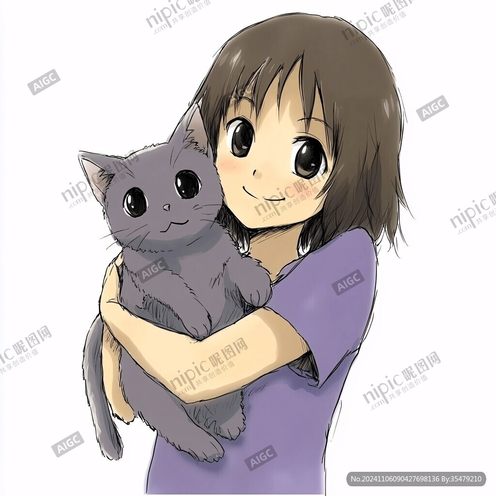 手绘抱着猫的小女生