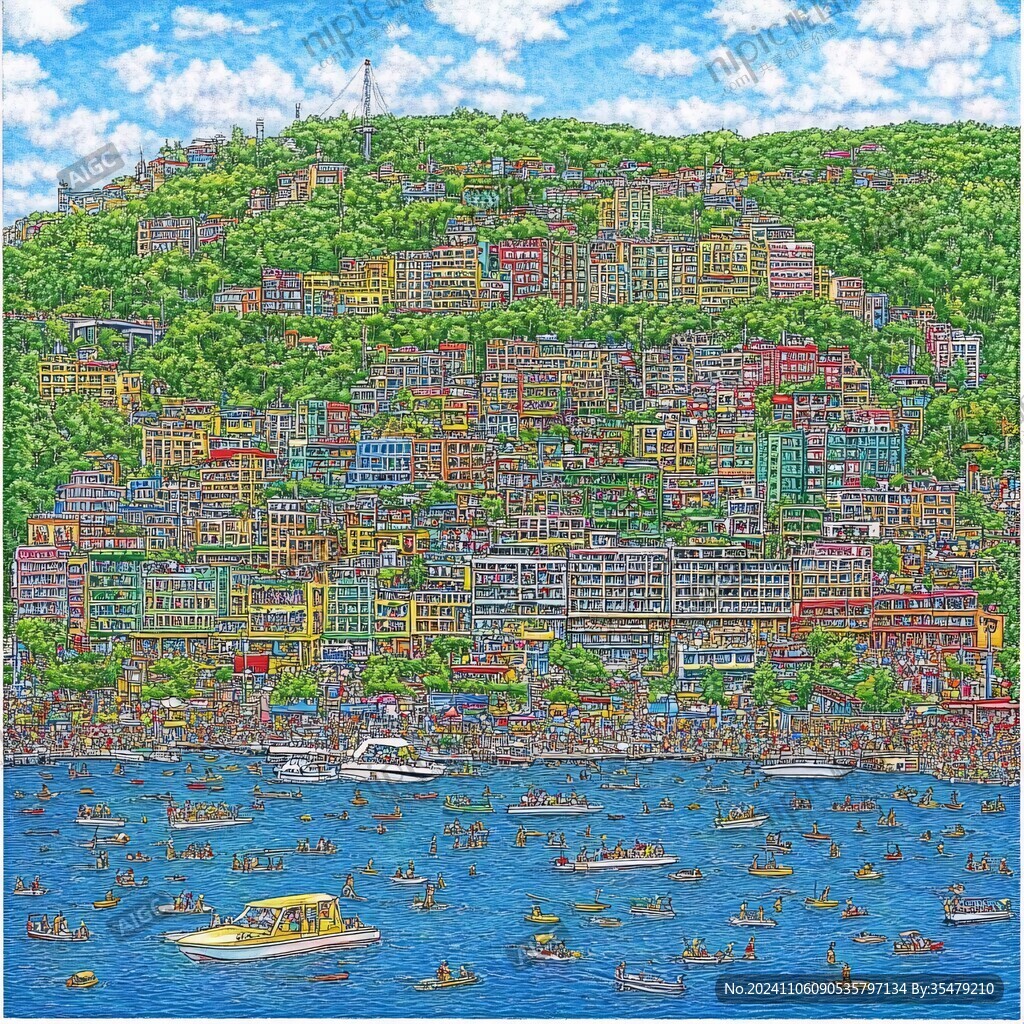 维多利亚港手绘插画