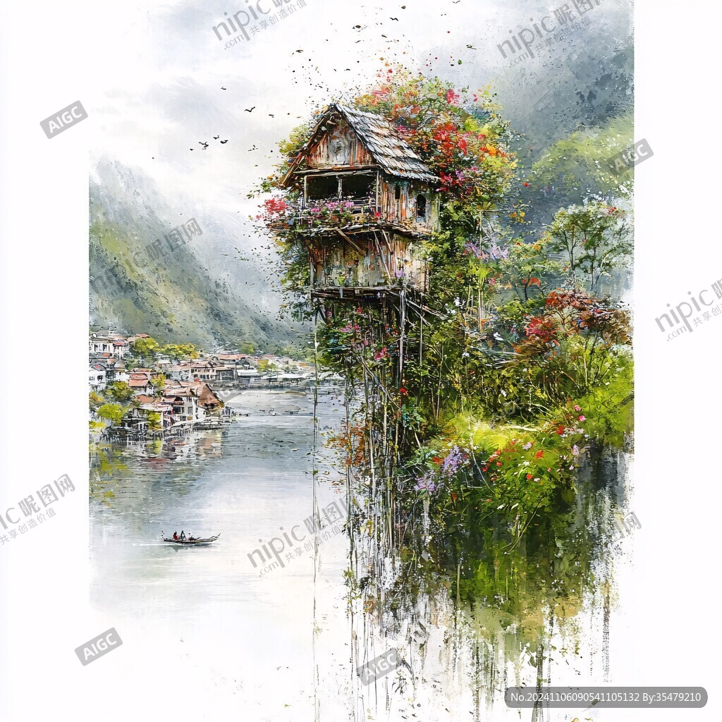 楼阁山水意境画