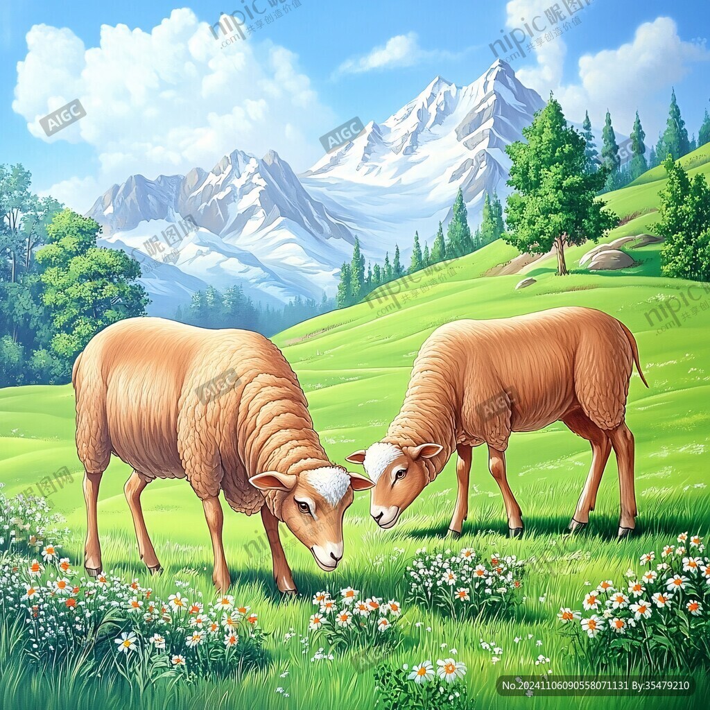 山坡牧牛风景画