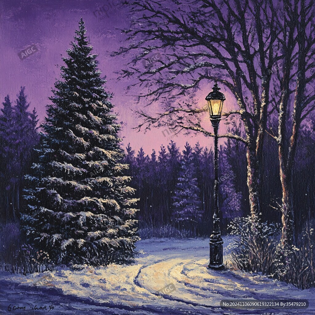 手绘雪夜风景无框画