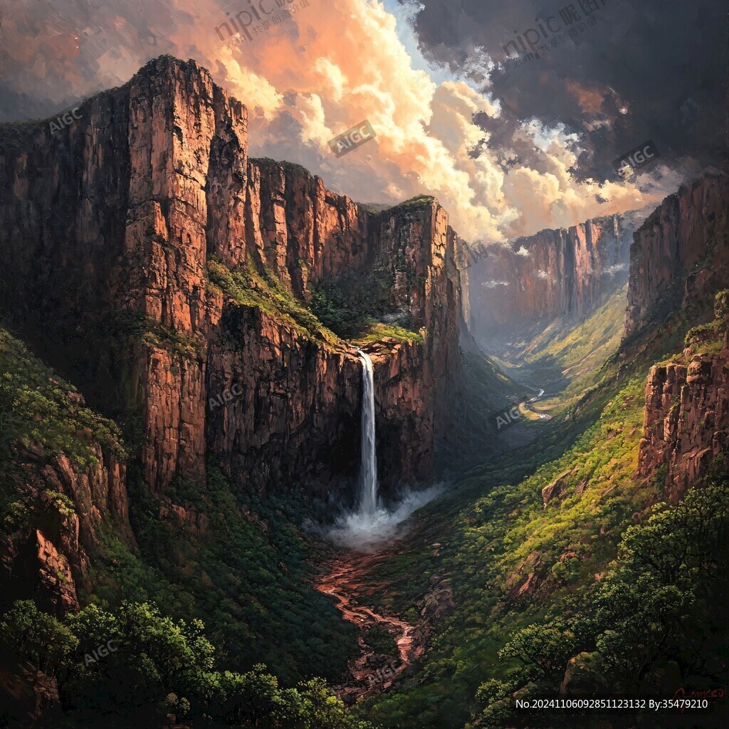 山水风景油画瀑布