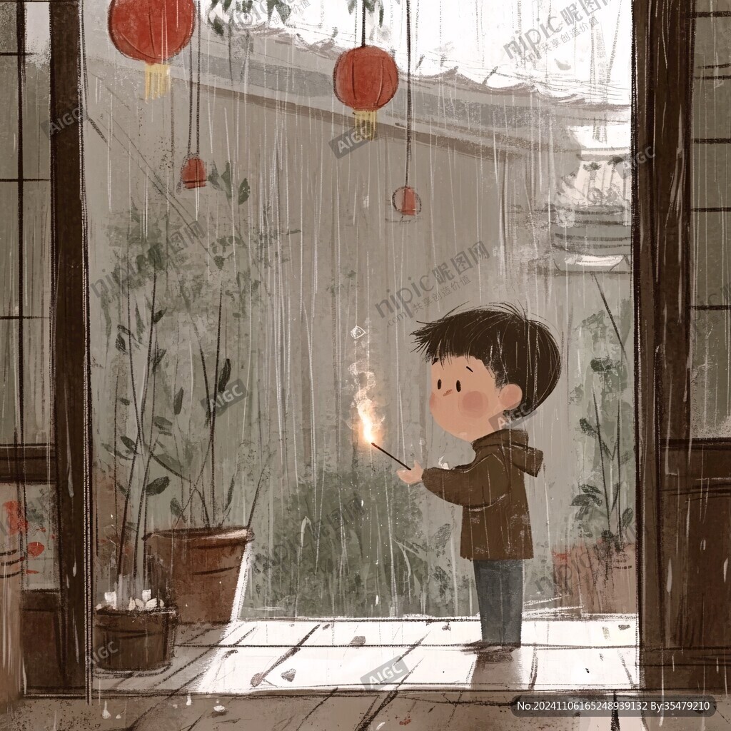 小孩点爆竹插画