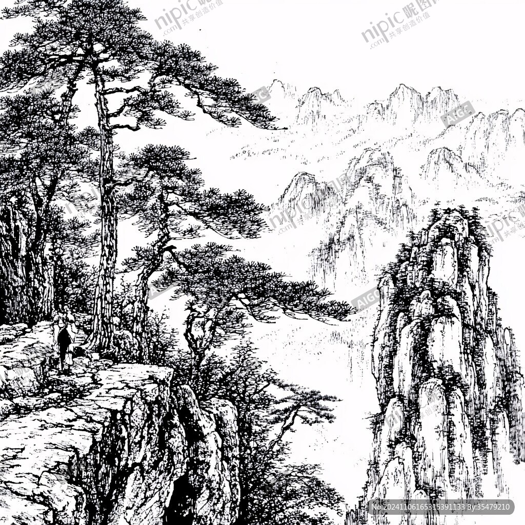迎客松线描