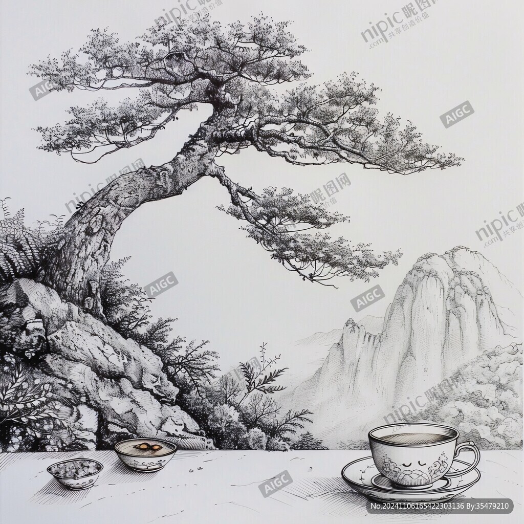 山水画茶树茶杯茶园