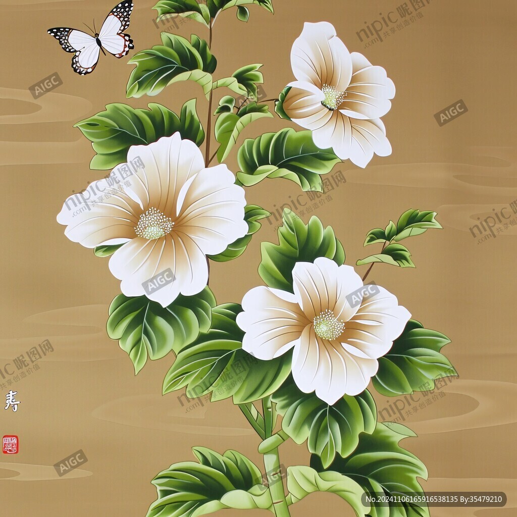 工笔手绘芙蓉花