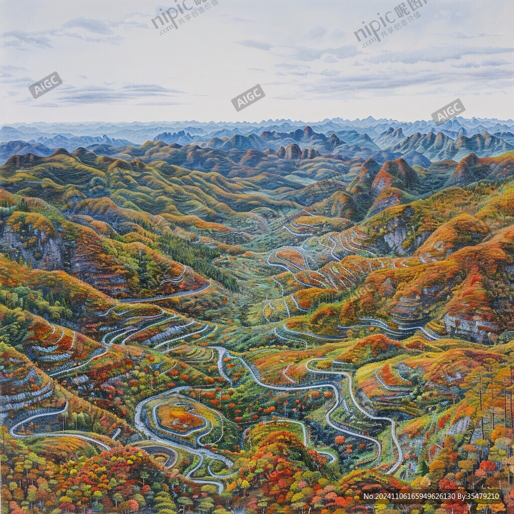 大幅山岭秋色