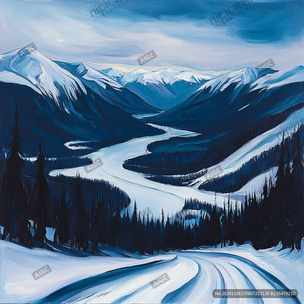 雪山河流油画