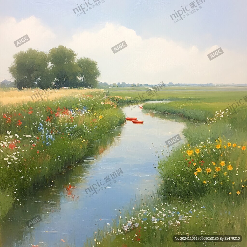 草地野花河流
