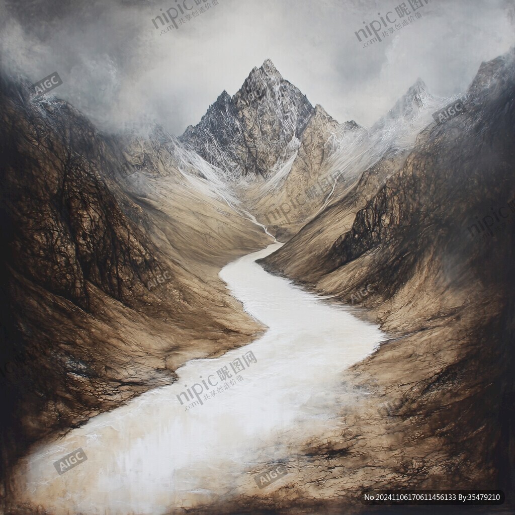 雪山河流油画