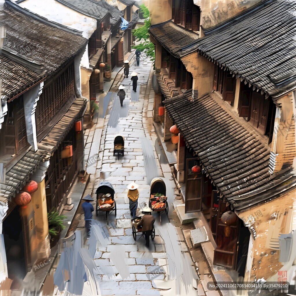 水粉画古街巷