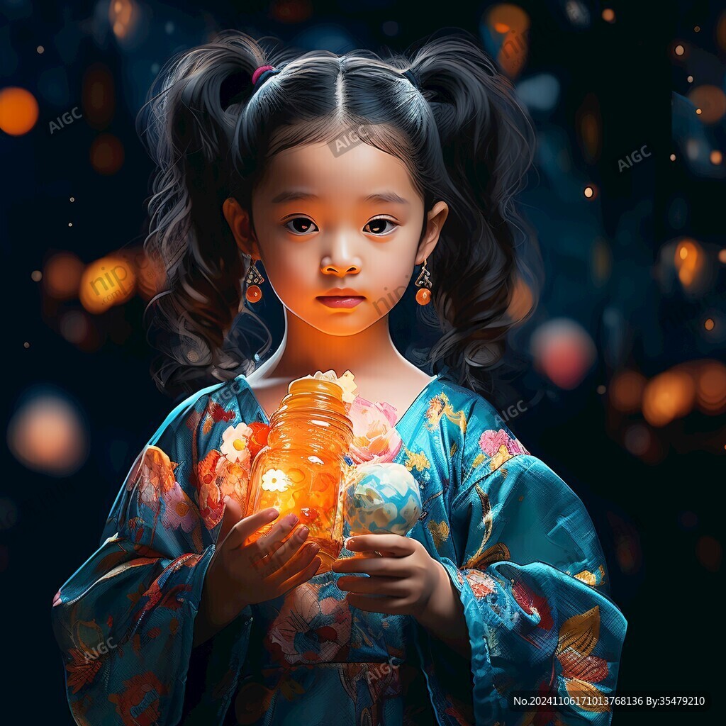 小女孩抱河灯