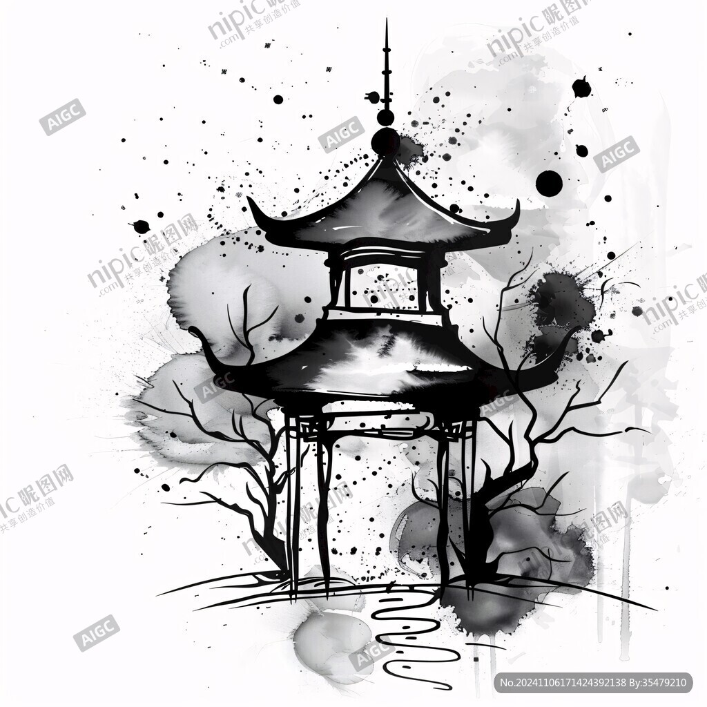 禅意建筑水墨画