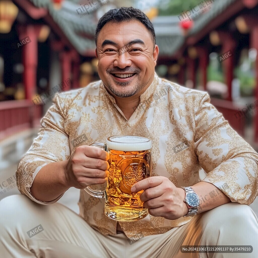 中年男人喝啤酒