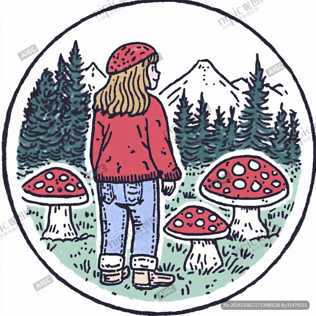 卡通女孩采蘑菇