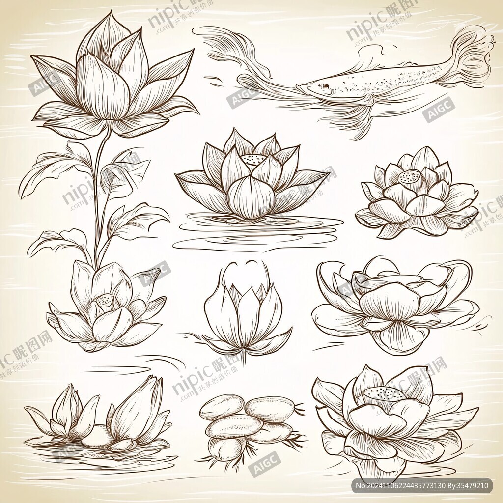 莲花和鱼手绘插画
