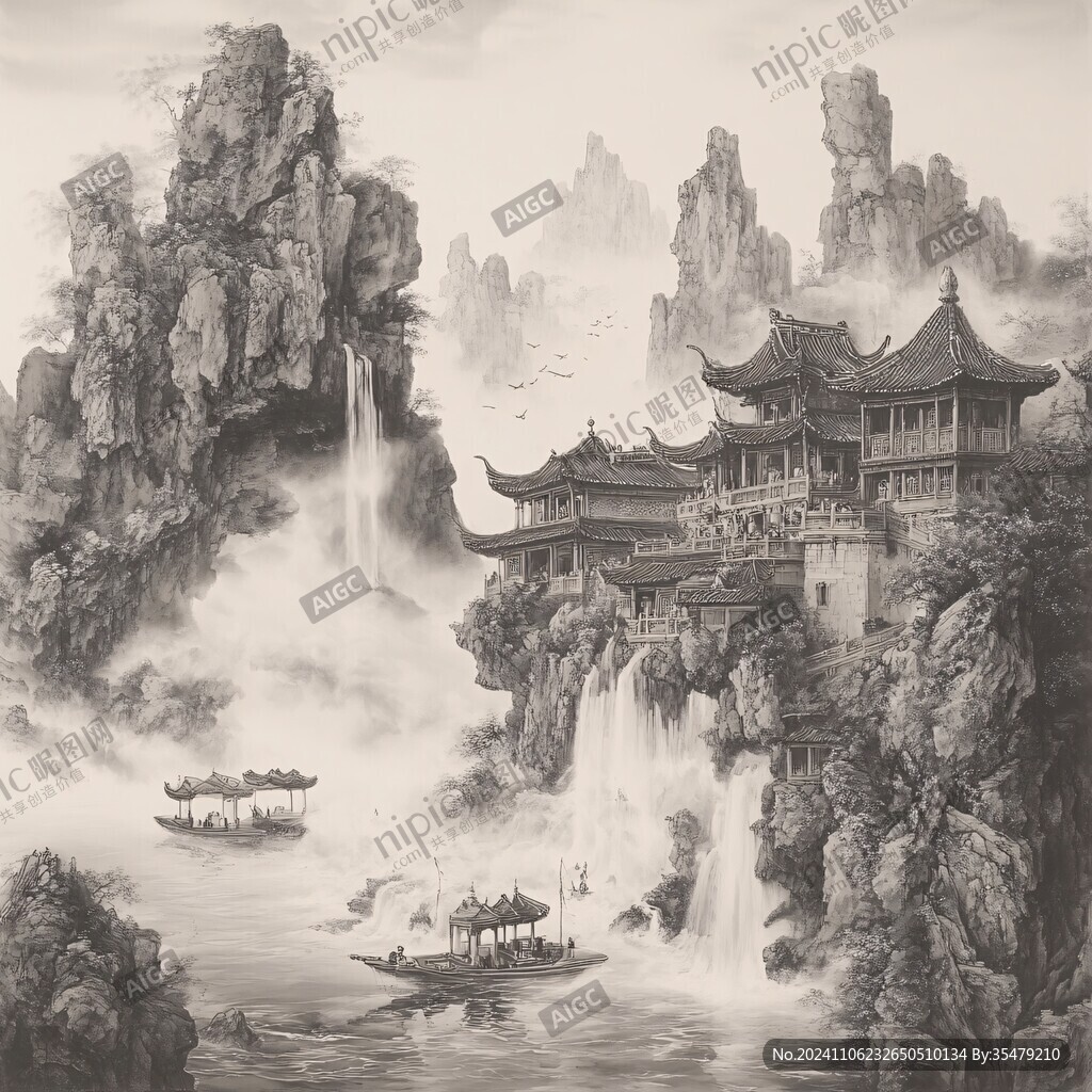 楼阁山水意境画