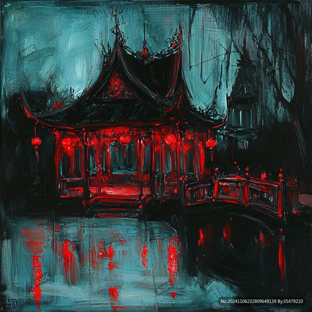 古风亭台楼阁油画