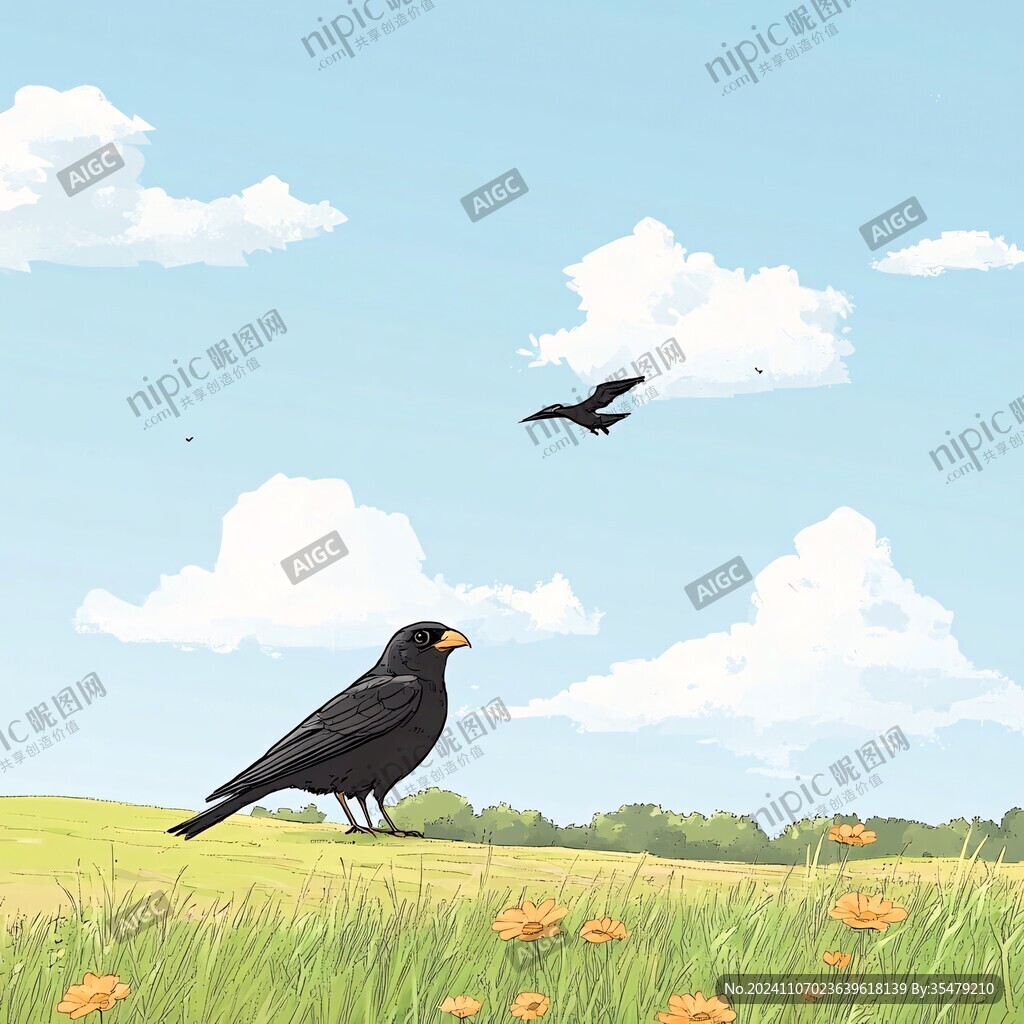 蓝天白云草地燕子